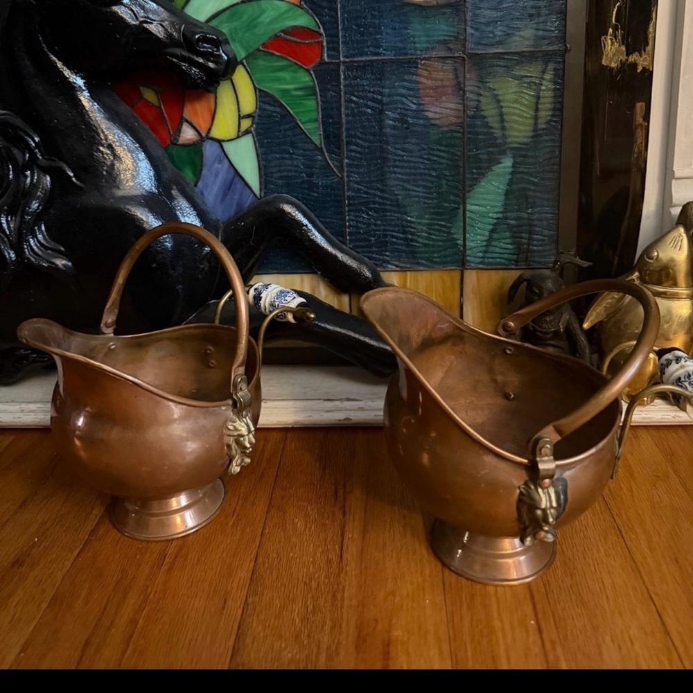Antique-Style Copper Coal Scuttle Pairs with Brass Lion Head Handles, Vintage